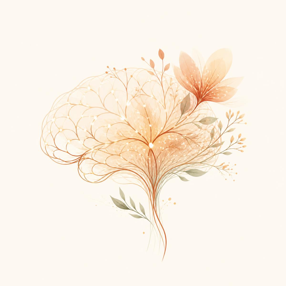 A softly illustrated brain blooming into leaves and flowers