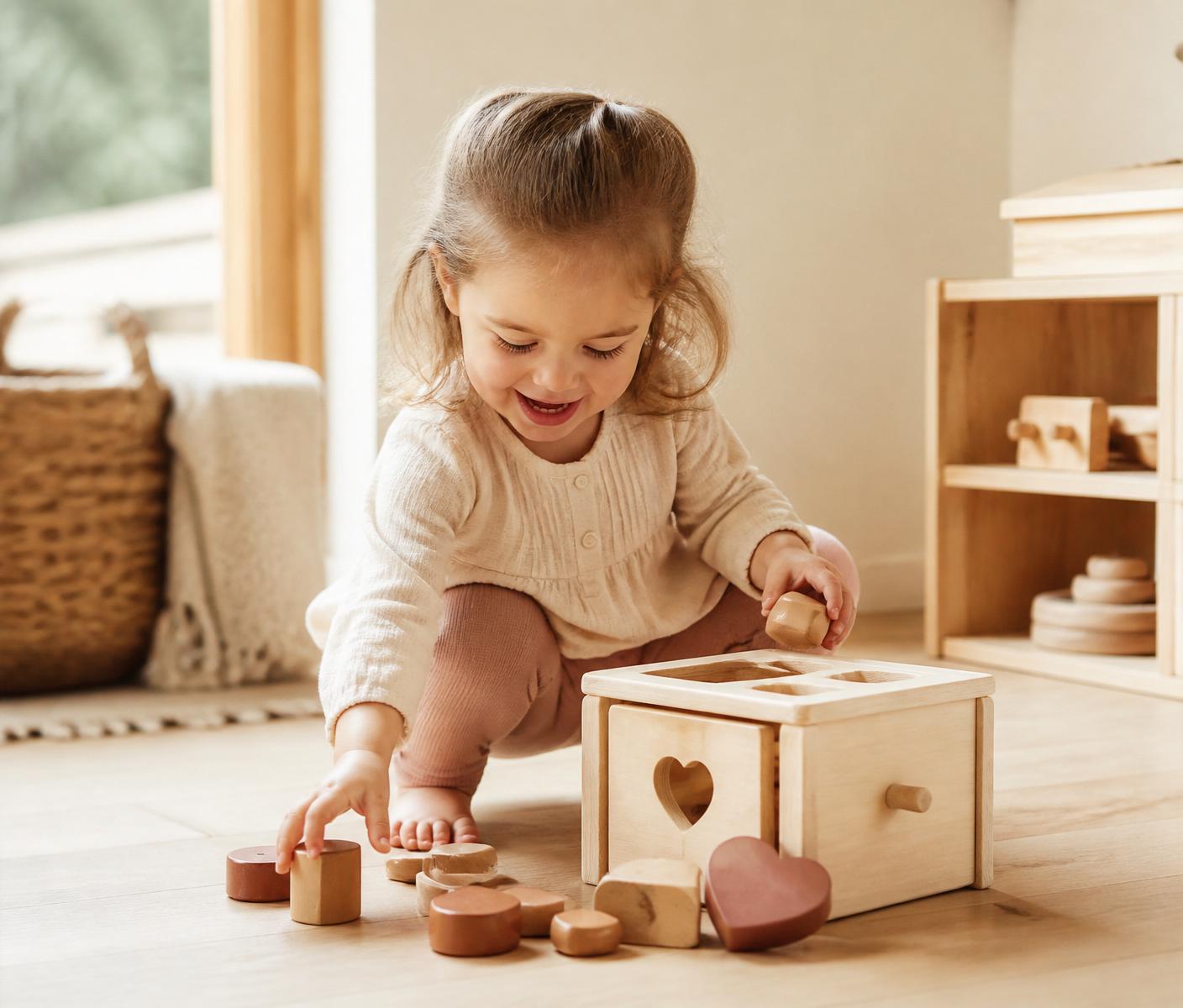 A toddler playing joyfully with wooden toys