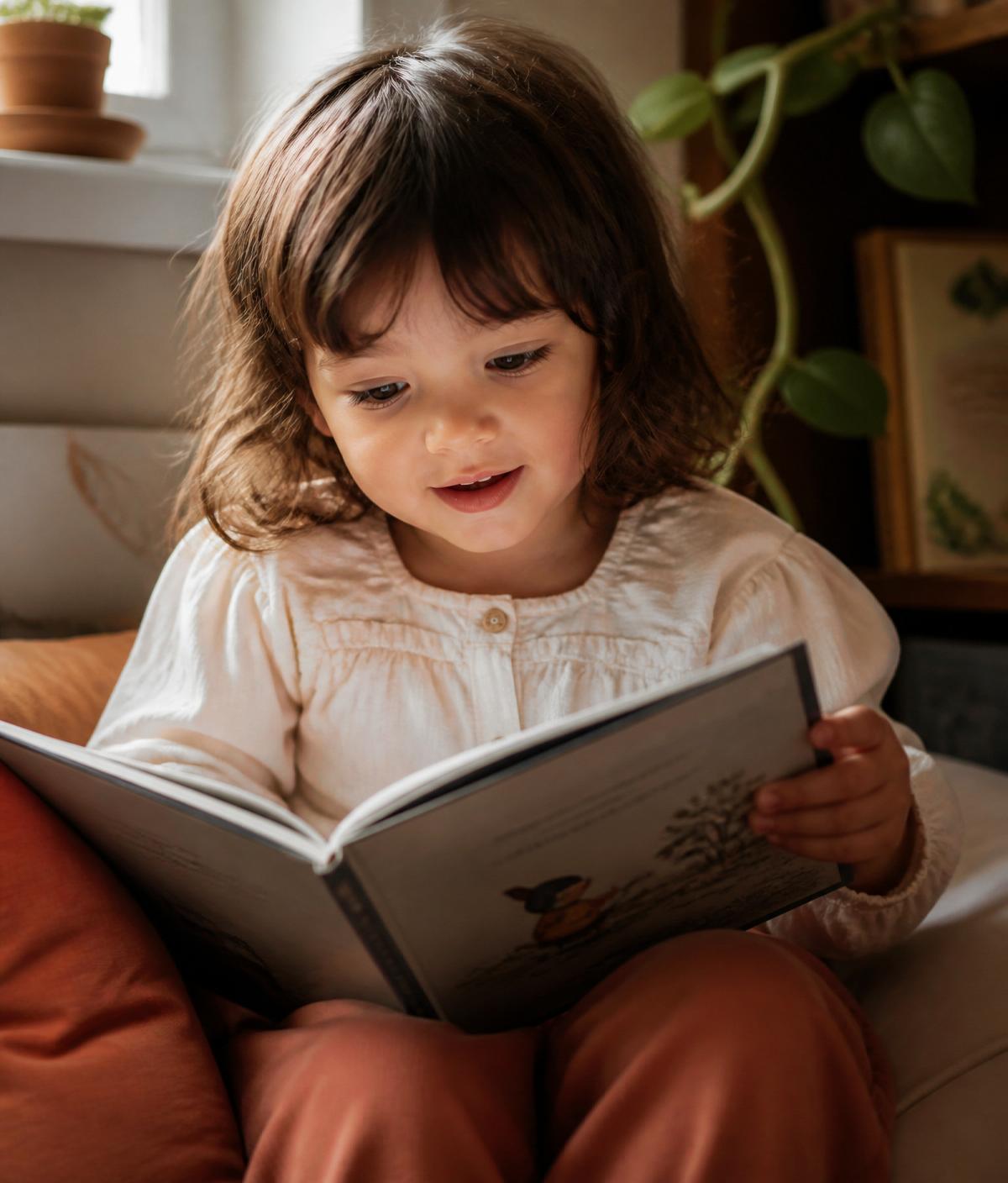 A young child reading with wonder